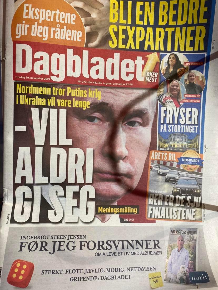 Dagbladet-forside om nordmenns vurdering av krigen i Ukraina